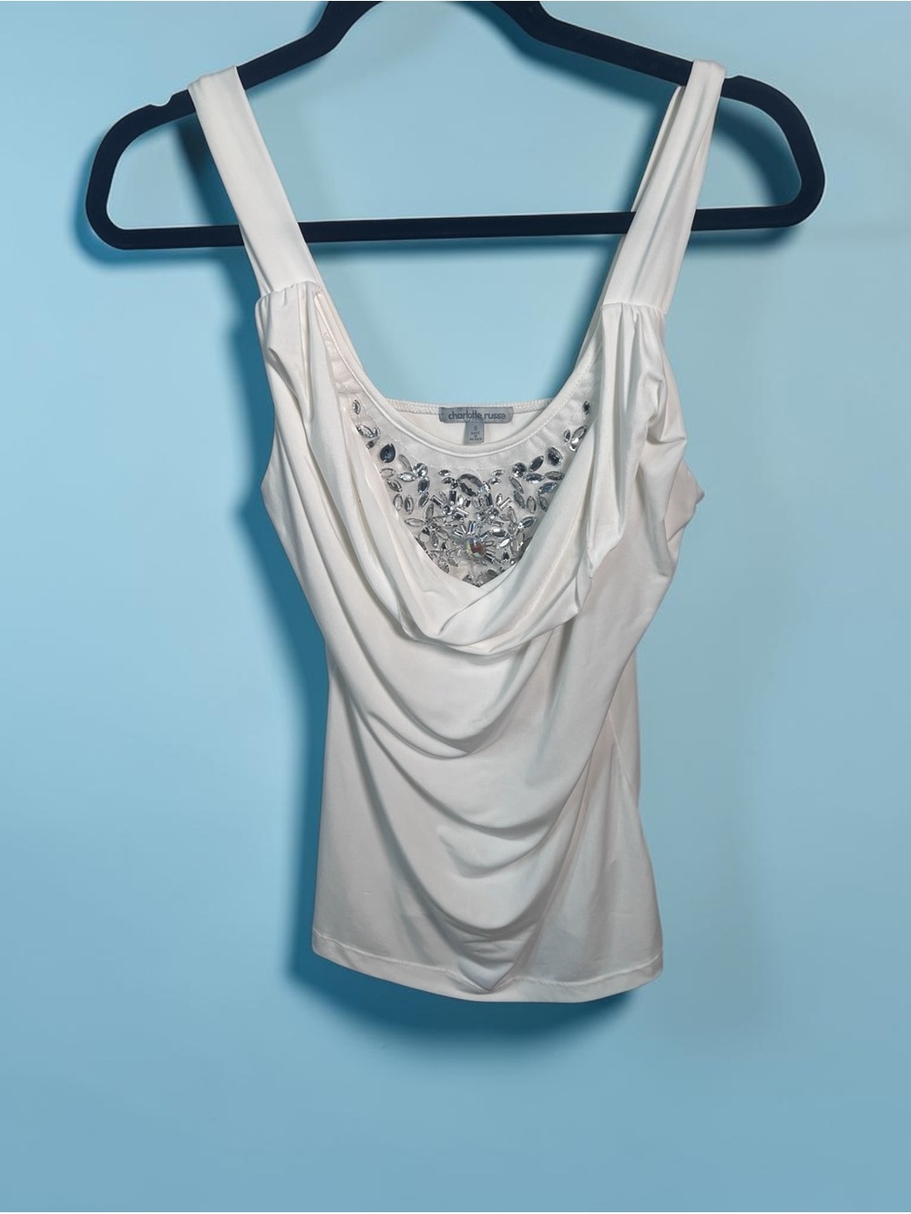 Charlotte Russe vintage cream Draped Tank with Jeweled Neckline